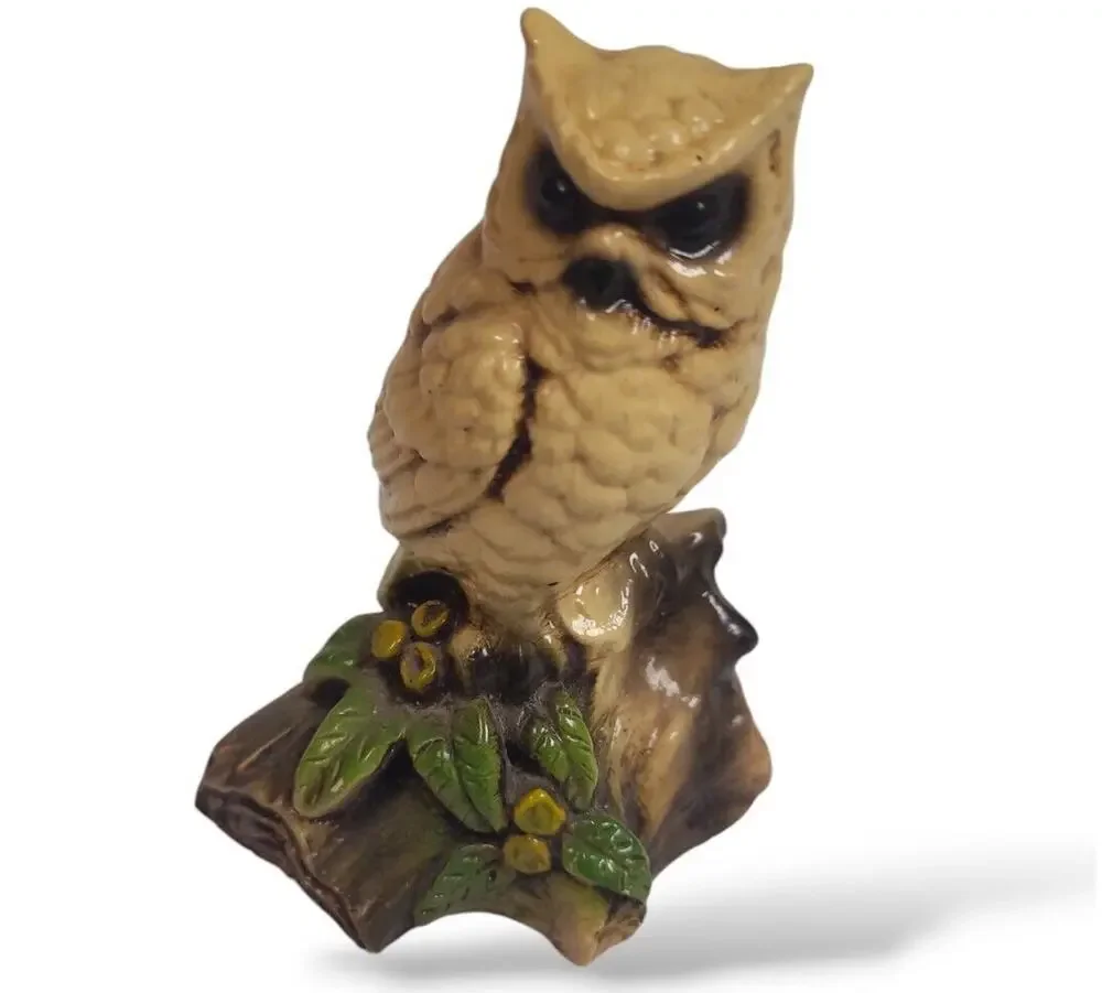 Owl Orzec Terrestone Figurine Ceramic Owl on Branch Vintage